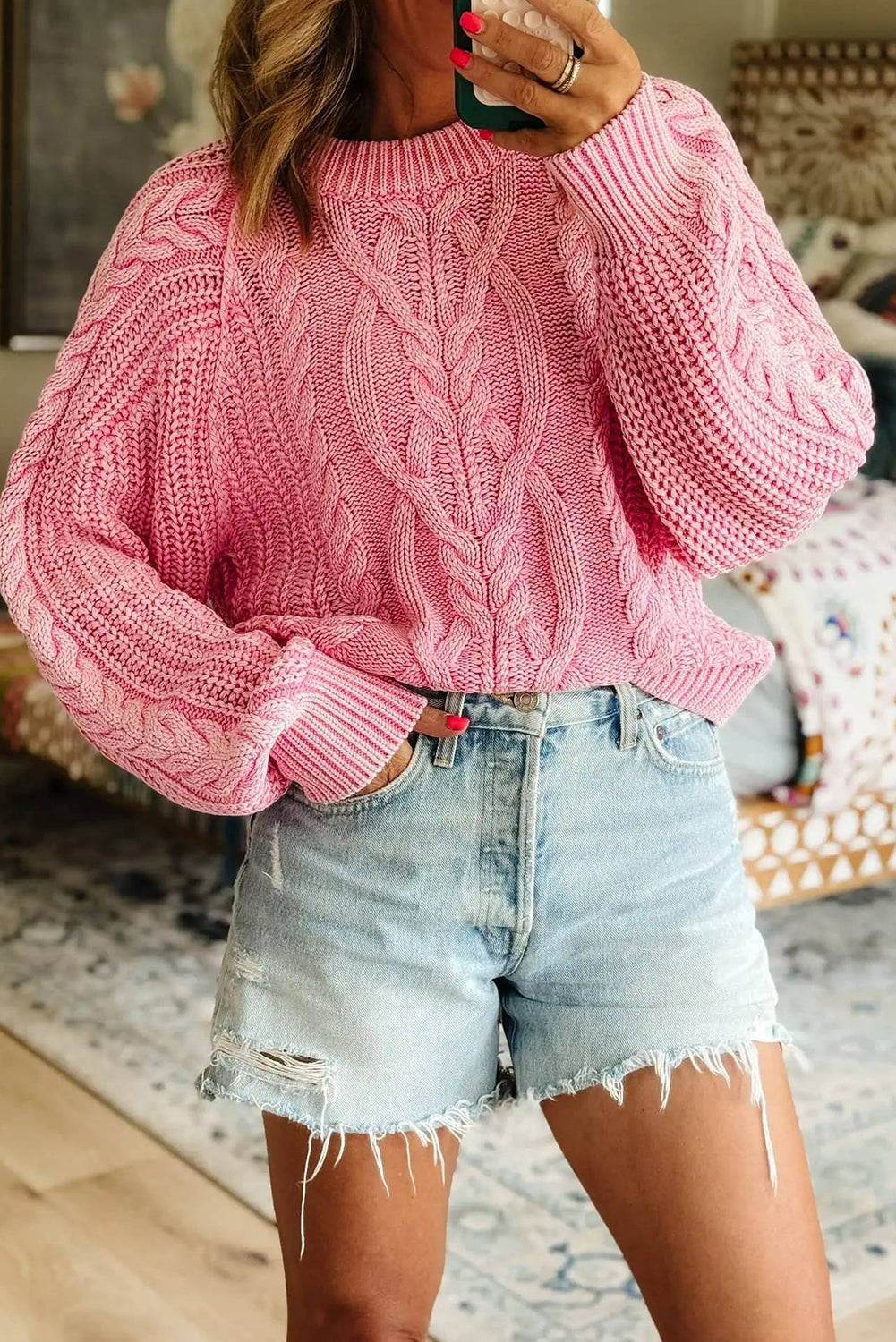 Pink Mineral Wash Cable Knit Raglan Sleeve Loose Sweater