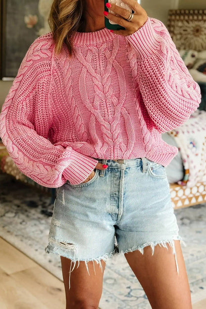 Pink Mineral Wash Cable Knit Raglan Sleeve Loose Sweater