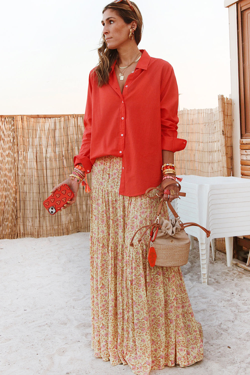 Tomato Red Button Cuffs Solid Color Shirt