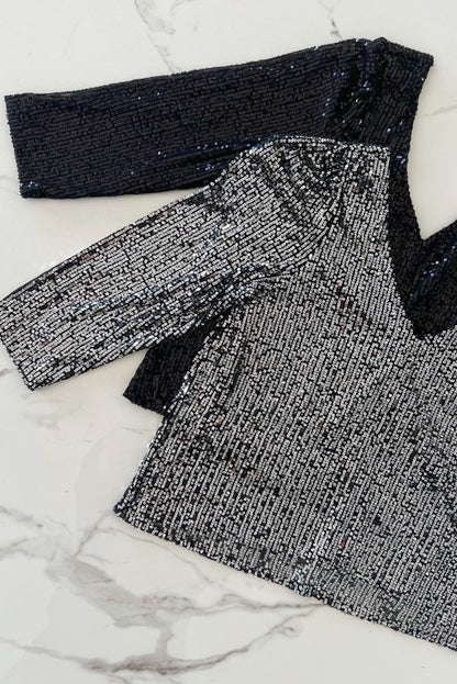 Silvery Sequin V Neck 3/4 Sleeve Top