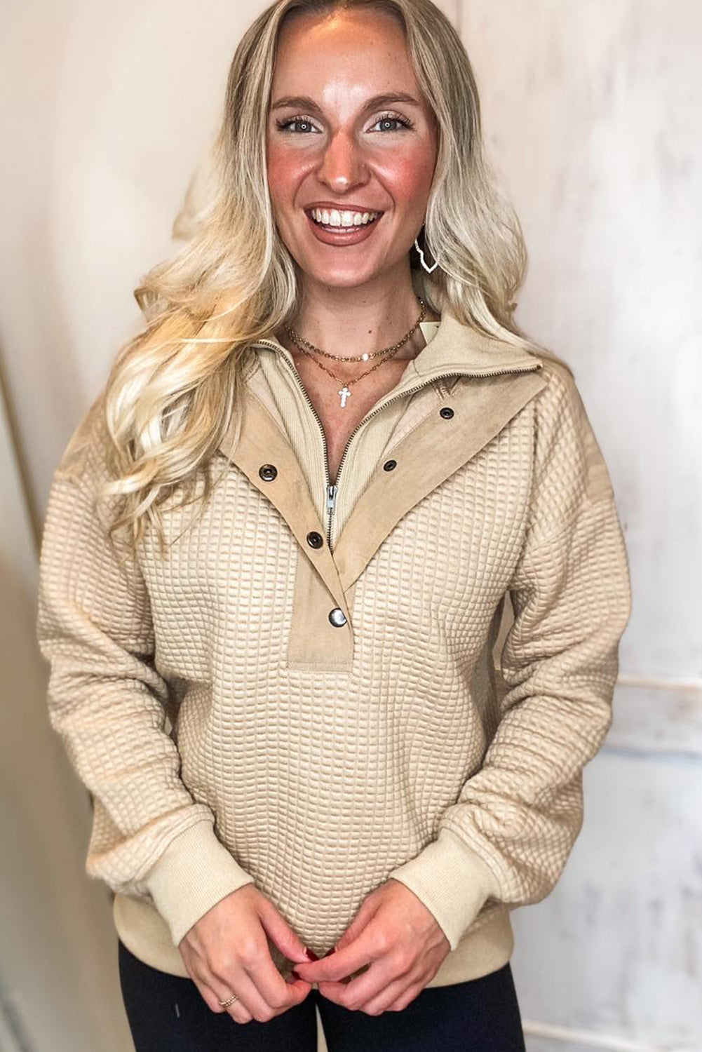 Tan Button Zip Double Collar Patchwork Waffle Textured Hoodie