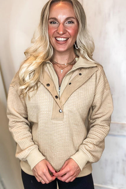 Tan Button Zip Double Collar Patchwork Waffle Textured Hoodie