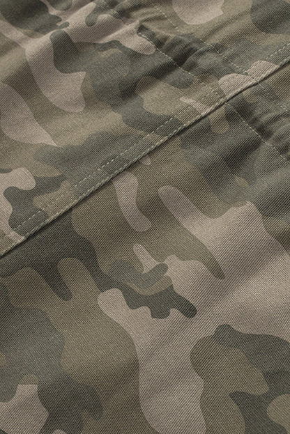 Green Camouflage Print Utility Jacket with Button Closure and Multiple Pockets