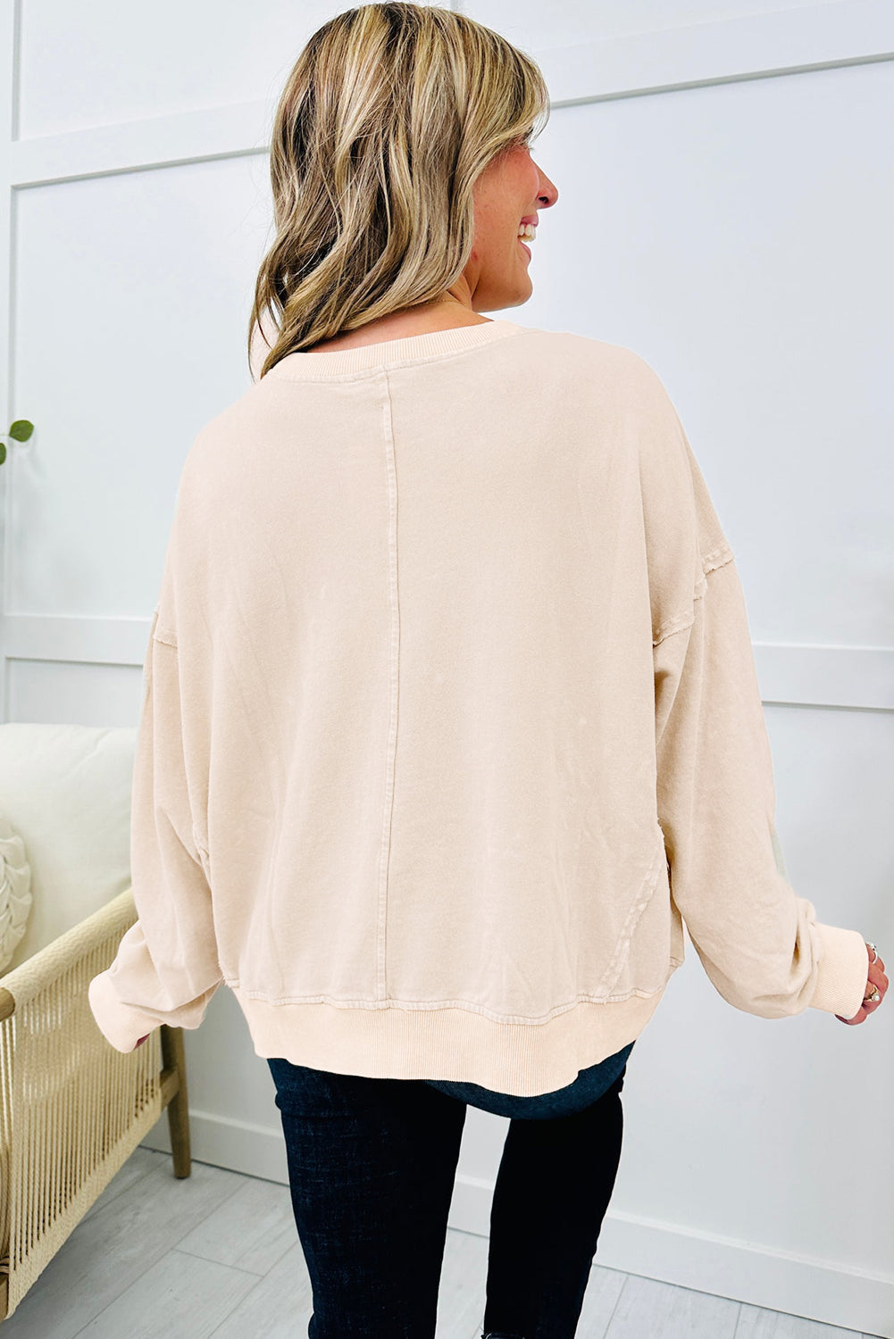 Beige Long Sleeve Stitching Flower Pattern Round Neck Plus Size Top