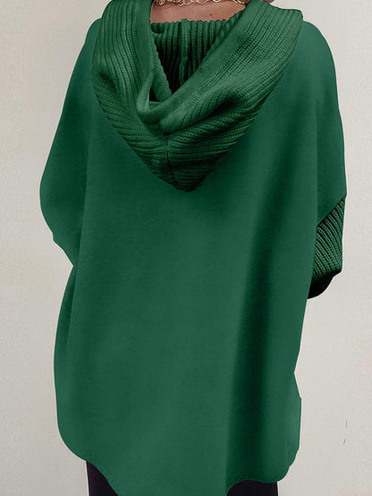 Green Contrast Knitted Sleeve Hooded Jacket with Button-Up Detail