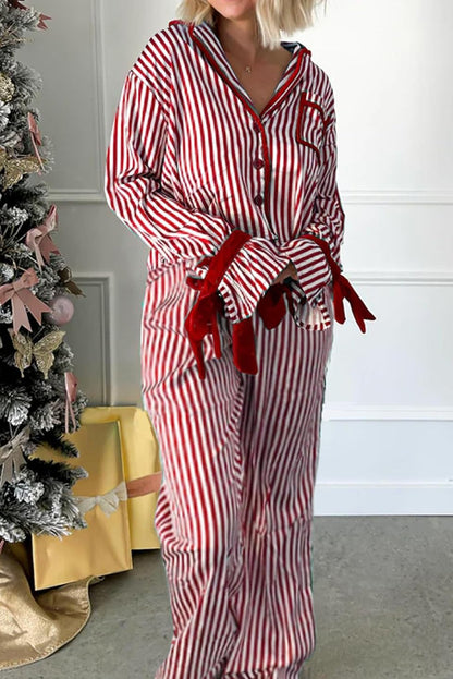 Red Stripe Contrast Velvet Trim Bow Knot Waist 2pcs Pajama Set