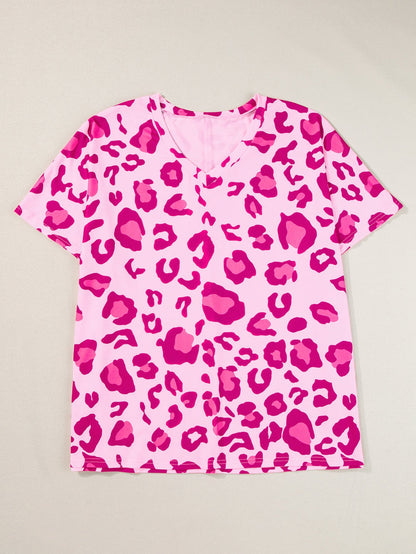 Floral Leopard Print Oversized V-Neck Plus Size T-Shirt