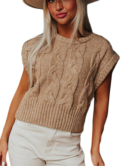 French Beige Cable Knit Sweater with Cap Sleeves