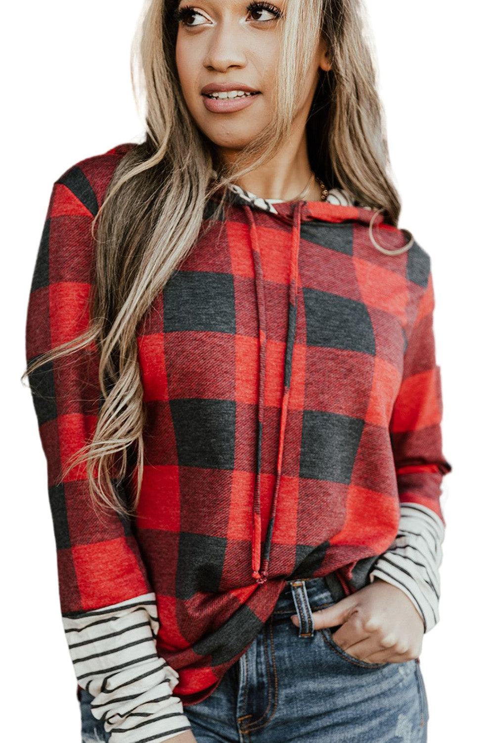 Fiery Red Christmas Plaid Striped Hooded Patchwork Sweatshirt