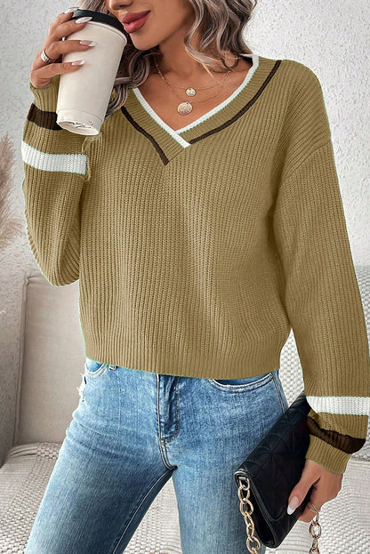 Khaki Contrast Striped Trim V Neck Drop Shoulder Sweater