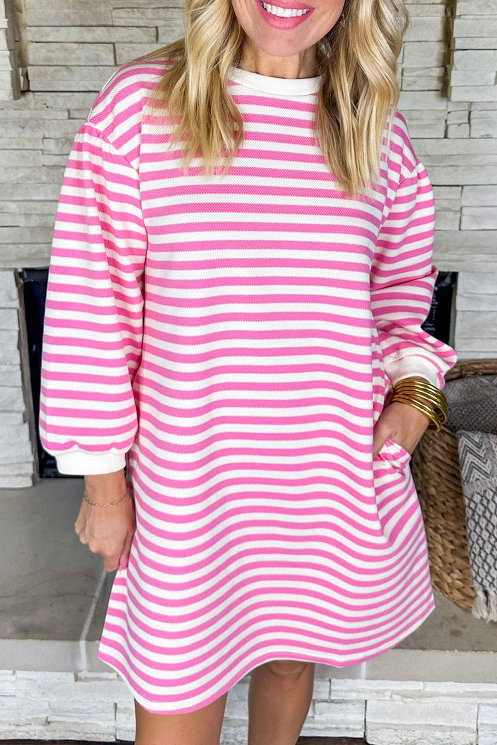 Pink Stripe Puffy Bracelet Sleeve Shift Mini T Shirt Dress