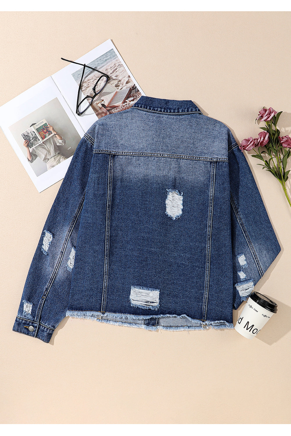 Stylish Plus Size Navy Distressed Denim Shacket
