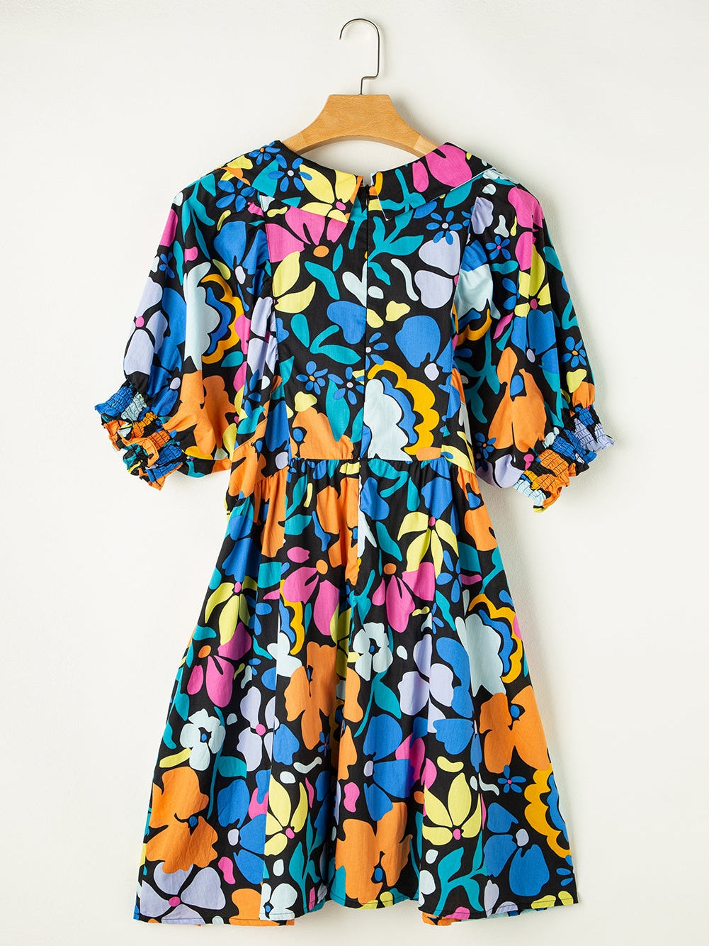 Blue Floral Split Neck Plus Size Collared Mini Dress