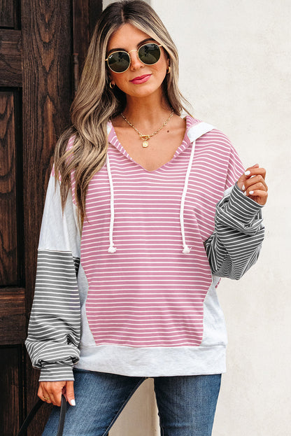 Pink Stripe Color Block Drawstring V Neck Loose Fit Hooded Top