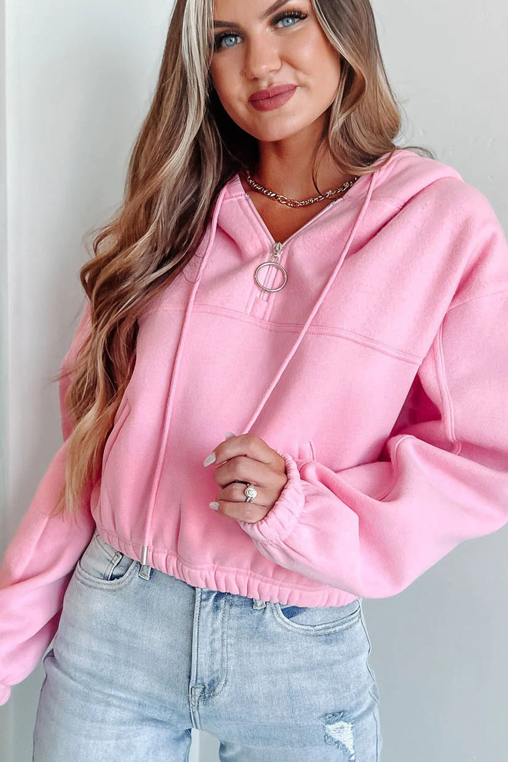 Pink Cropped Quarter Zip Drop Shoulder Hooded Sweatshirt