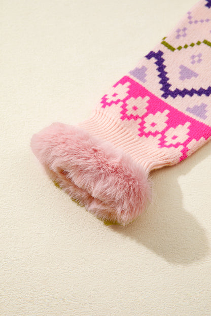 Multicolour Ethnic Christmas Pattern Knit Feather Cuffed Sweater