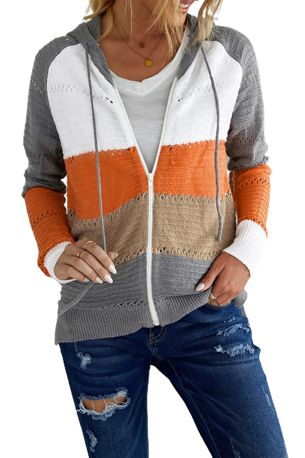 Gray Colorblock Knit Hoodie with Zipper Detail