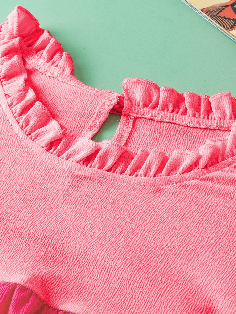 Strawberry Pink Textured 2-Tone Patchwork Frill Neck Ruffled Trim Plus Blouse