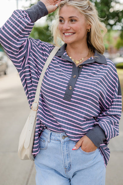 Gray Stripe Ribbed Texture Contrast Polo Collar Long Sleeve Top