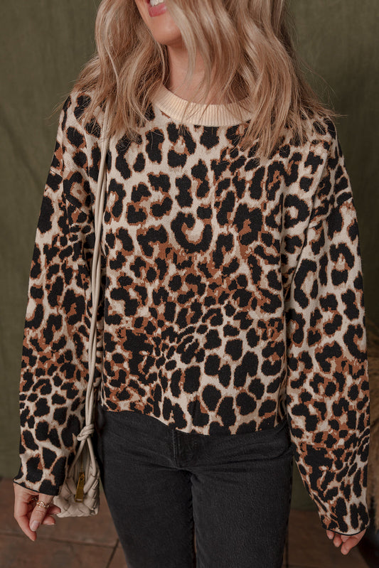 Brown Leopard Print Crew Neck Sweater