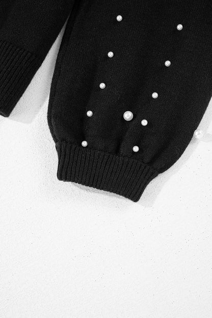 Black Pearled Drop Shoulder Round Neck Sweater