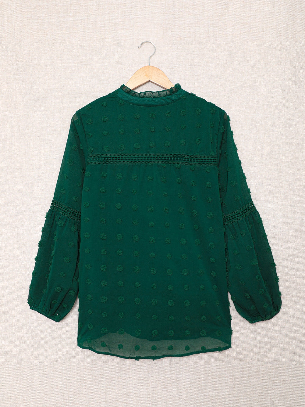 Green Polka Dot Lace Ruffle Split Neck Puff Sleeve Blouse