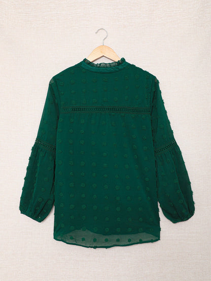 Green Polka Dot Lace Ruffle Split Neck Puff Sleeve Blouse