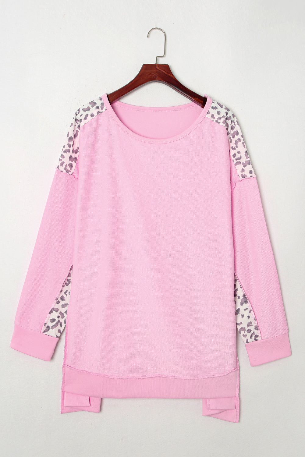 Pink Leopard Patchwork Plus Size Sweatshirt with Exposed Seams