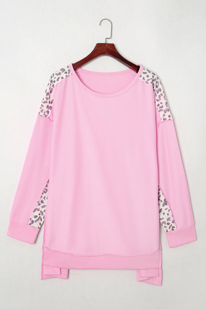Pink Leopard Patchwork Plus Size Sweatshirt with Exposed Seams