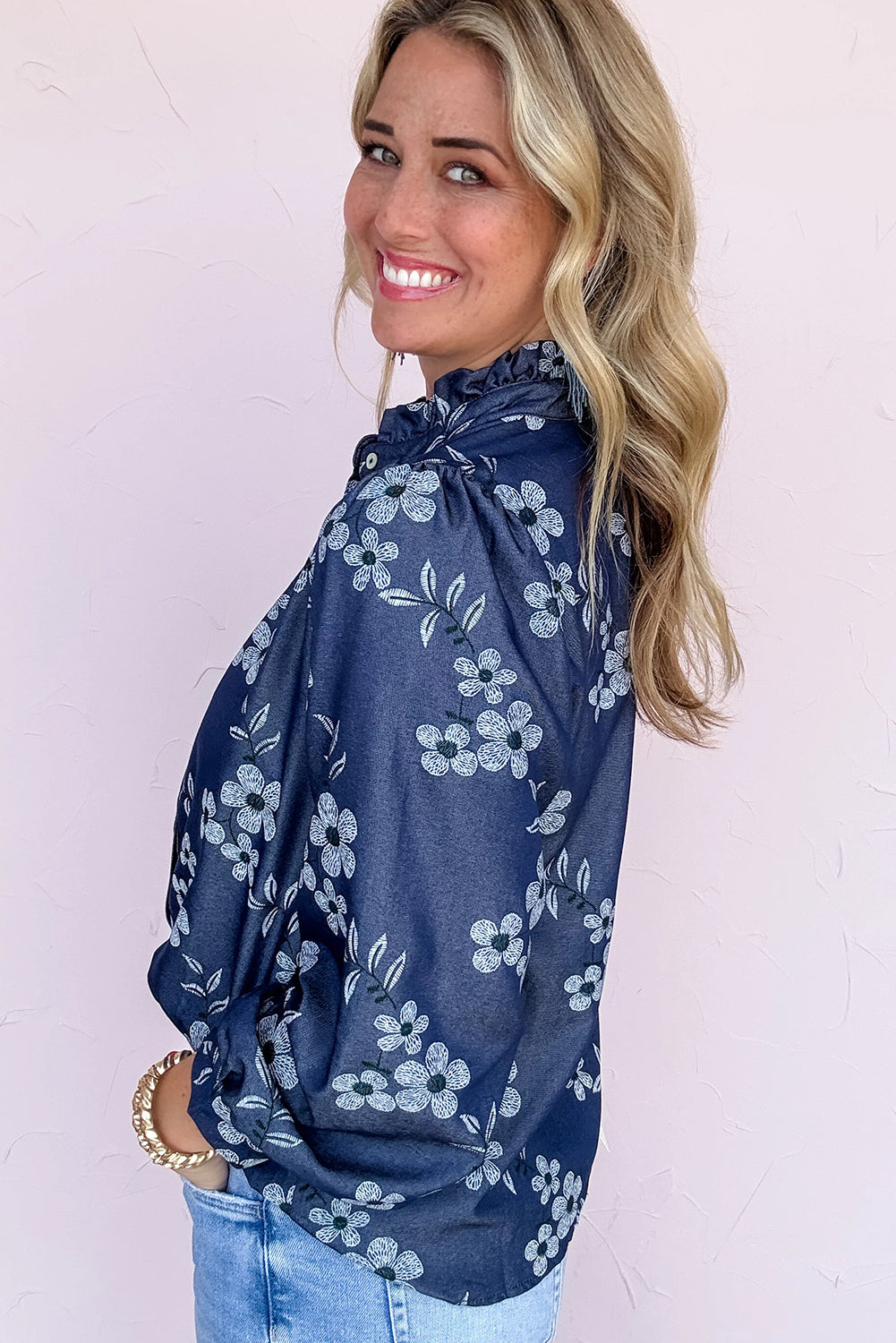 Blue Frilled Neck Button Down Long Sleeve Floral Shirt