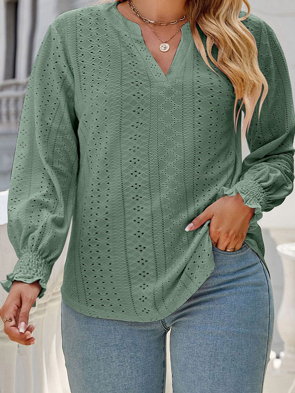 Green Eyelet Jacquard Split Neck Flounce Sleeve Plus Size Blouse