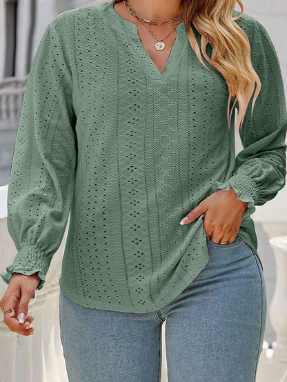 Green Eyelet Jacquard Split Neck Flounce Sleeve Plus Size Blouse