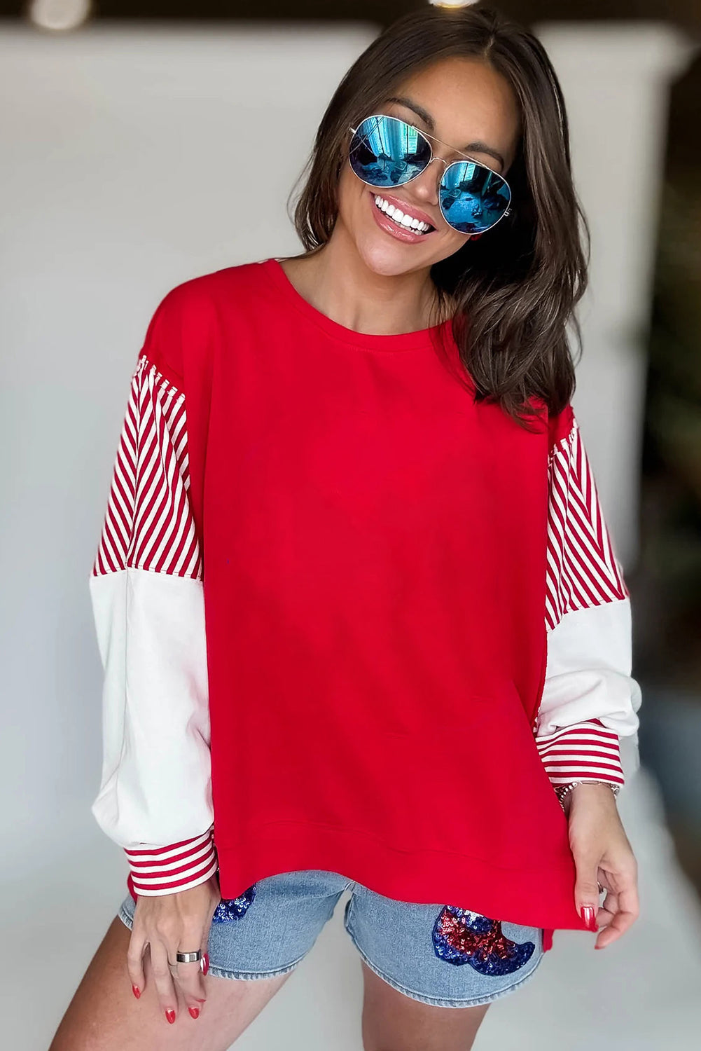 Fiery Red Striped Patchwork Sleeve Colorblock Sweatshirt