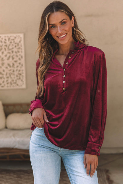 Frilled Burgundy Velvet Top with Buttoned Neck