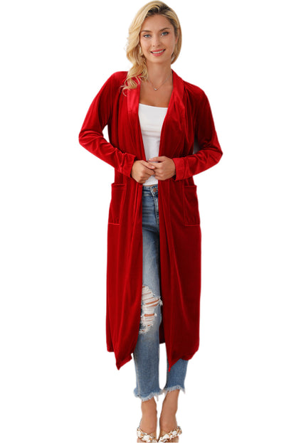Fiery Crimson Velvet Open Front Long Duster with Pockets