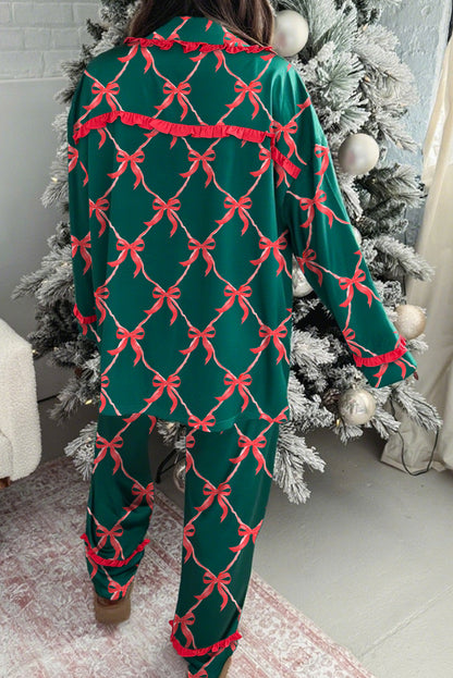 Green Coquette Bow Print Ribbon Knot Front 2pcs Long Pajama Set