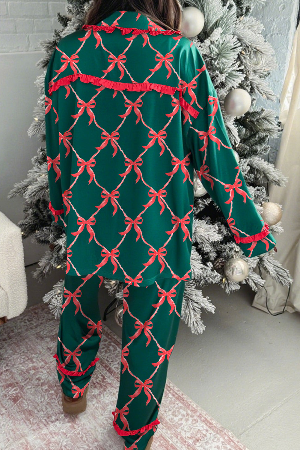 Green Coquette Bow Print Ribbon Knot Front 2pcs Long Pajama Set