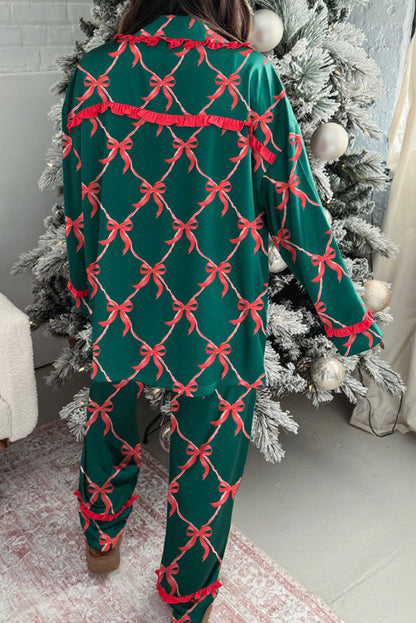 Green Coquette Bow Print Ribbon Knot Front 2pcs Long Pajama Set