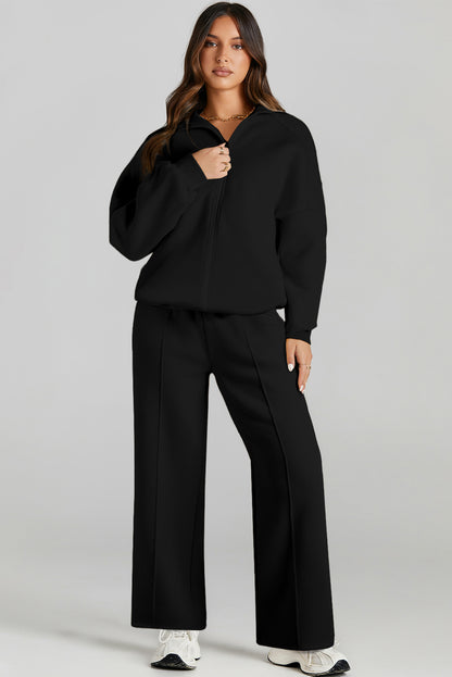 Black Drop Shoulder Zip Up Jacket Drawstring Pants Active 2pcs Set