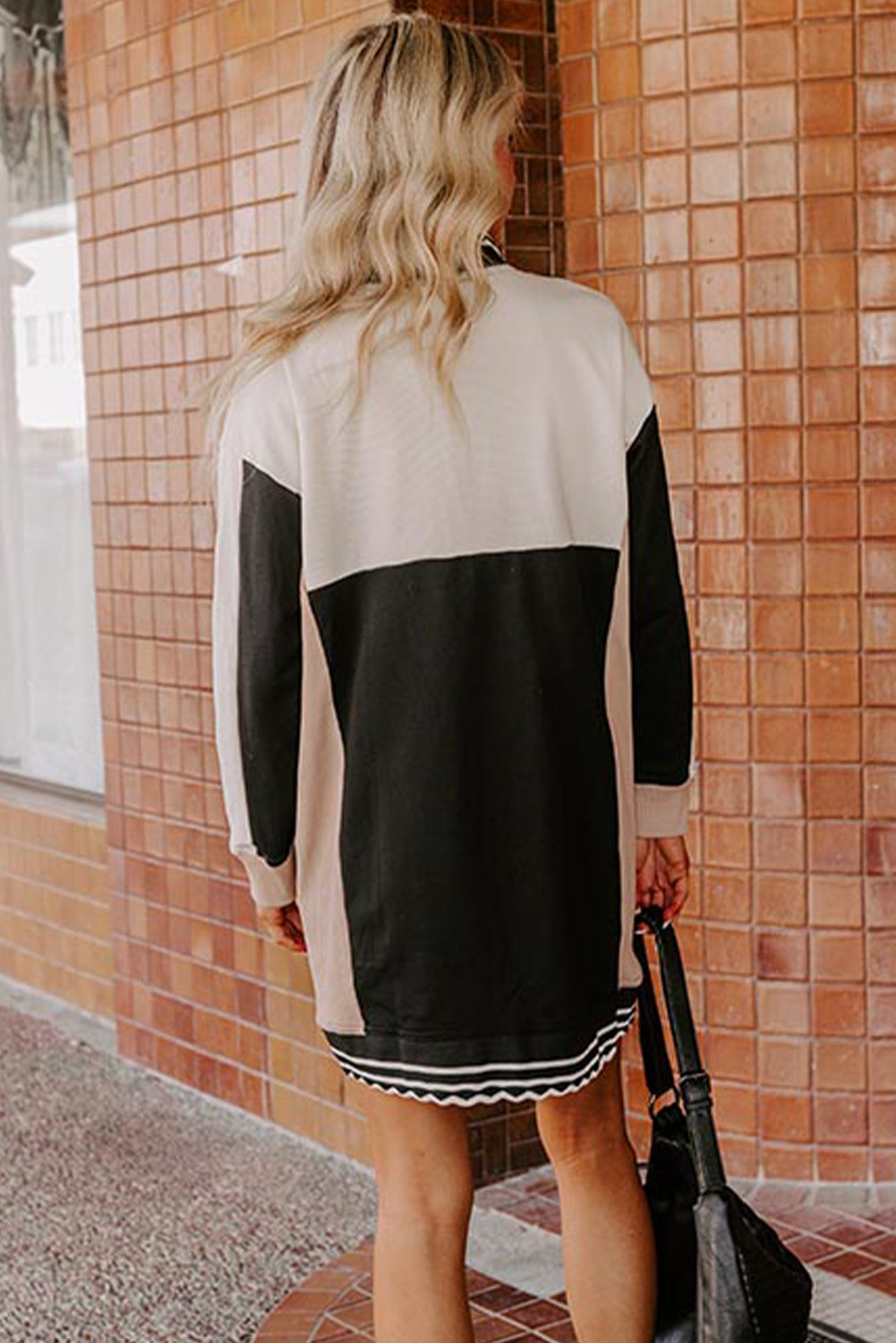 Black Color Block Quarter Zip Long Sleeve T Shirt Mini Dress