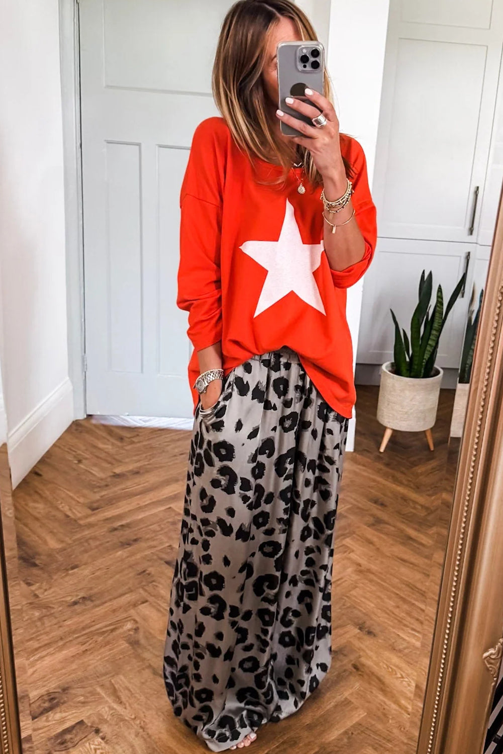 Orange Silky Animal Print Drawstring Loose Wide Leg Trousers