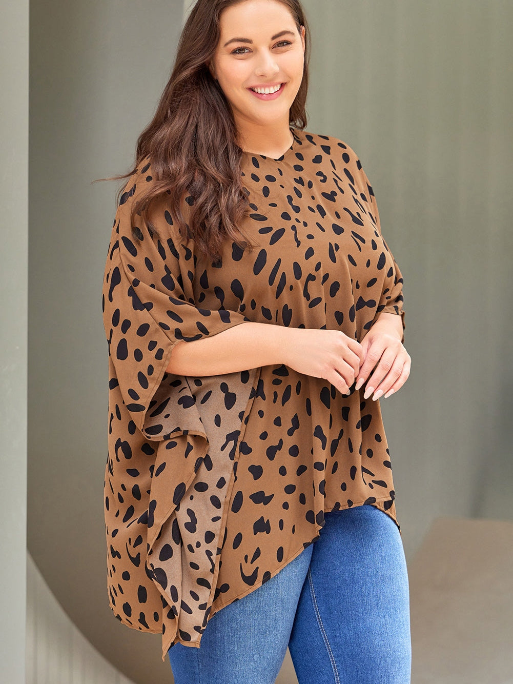 Leopard Print Batwing Sleeve Plus Size Tunic Top