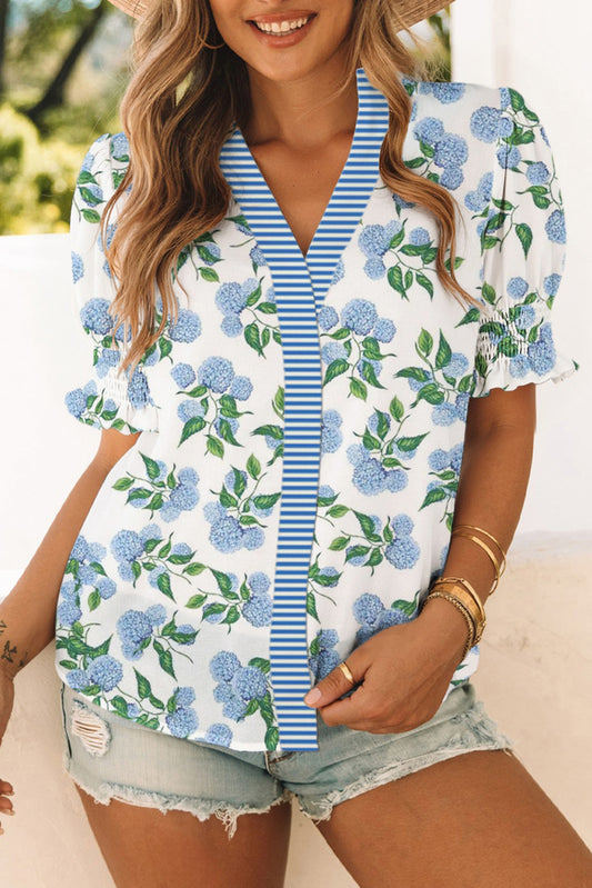 Sky Blue Floral Print Frilly Short Sleeve Striped Trim V Neck Blouse
