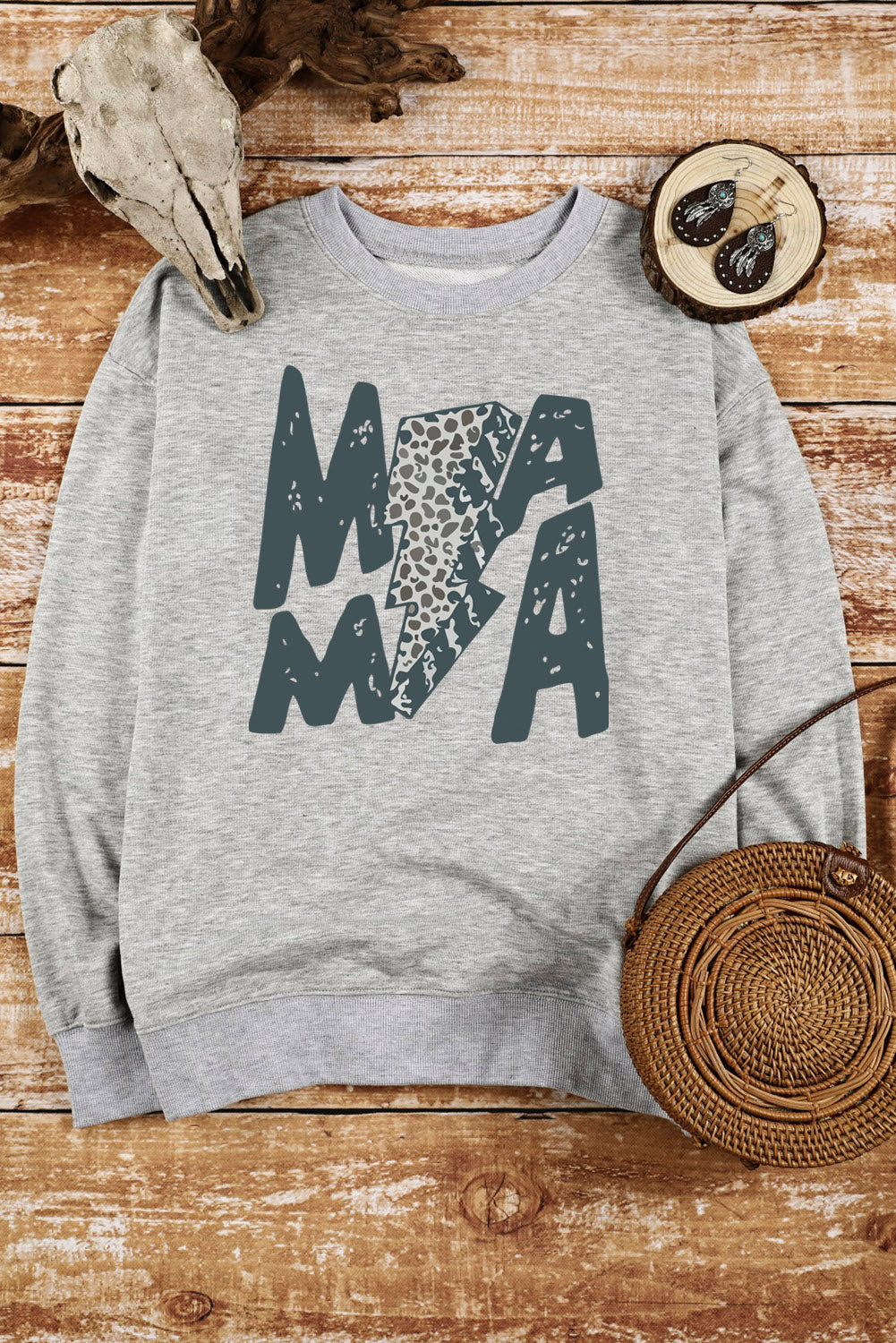 Gray Lightning Leopard Print "MAMA" Long Sleeve Sweatshirt