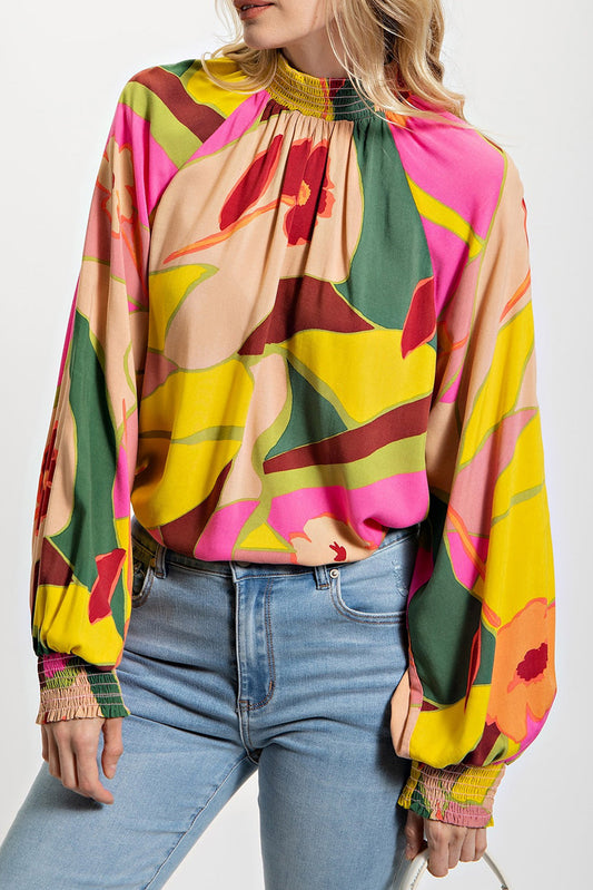 Floral Print Stand Neck Blouse with Smocked Hem in Multicolor Palette