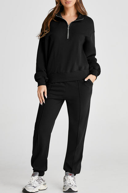 Black Half Zip up Pullover Active Top and Joggers Set