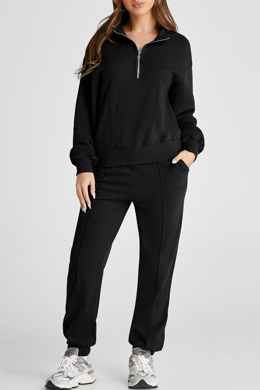 Black Half Zip up Pullover Active Top and Joggers Set