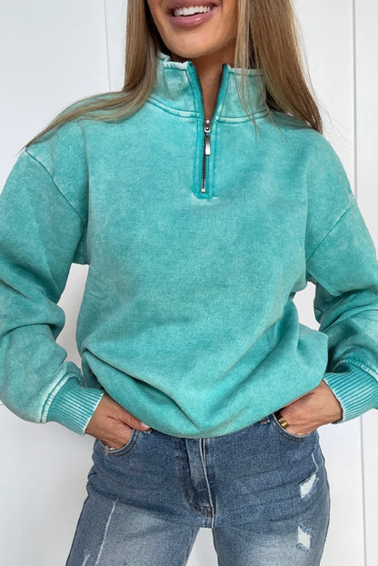 Turquoise Zip Up Stand Neck Mineral Wash Sweatshirt
