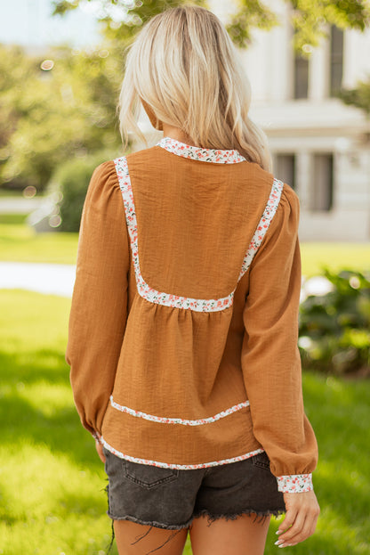 floral trim long sleeve blouse