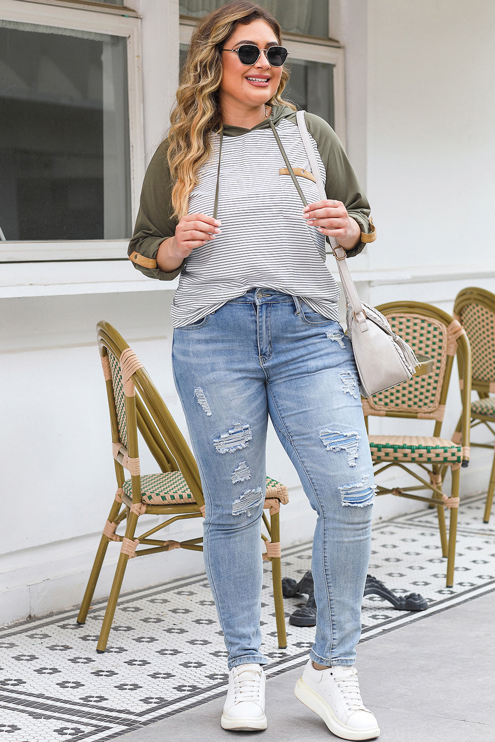 Green Striped Plus Size Hoodie with Raglan Sleeves and Buttoned Pocket